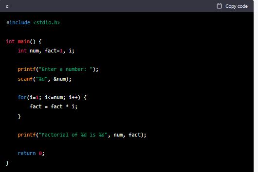 C program to find the factorial of a number